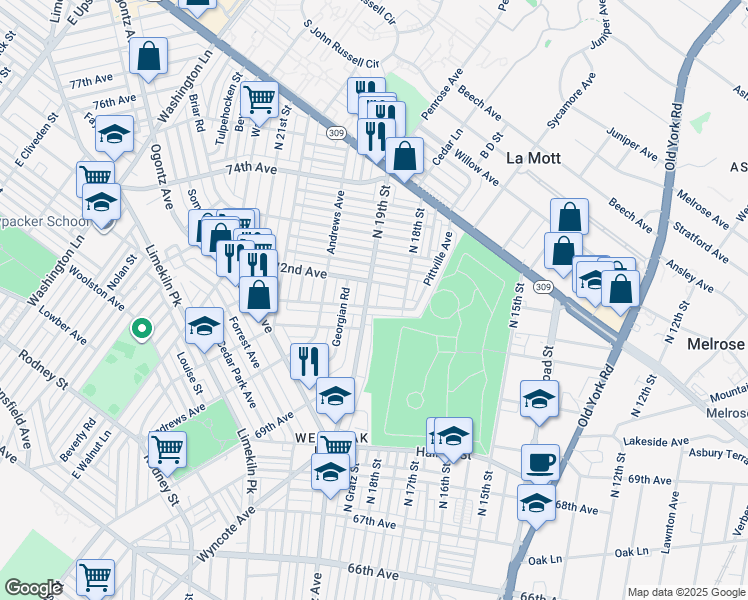 map of restaurants, bars, coffee shops, grocery stores, and more near 7157 North 19th Street in Philadelphia