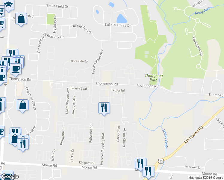 map of restaurants, bars, coffee shops, grocery stores, and more near Tattler Road in Columbus