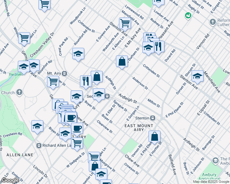 map of restaurants, bars, coffee shops, grocery stores, and more near 303 East Mount Pleasant Avenue in Philadelphia