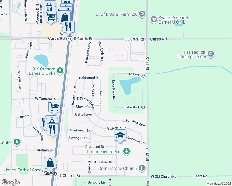 map of restaurants, bars, coffee shops, grocery stores, and more near 17 Lake Park Road in Champaign