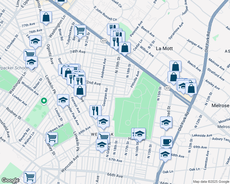 map of restaurants, bars, coffee shops, grocery stores, and more near 7157 North 19th Street in Philadelphia