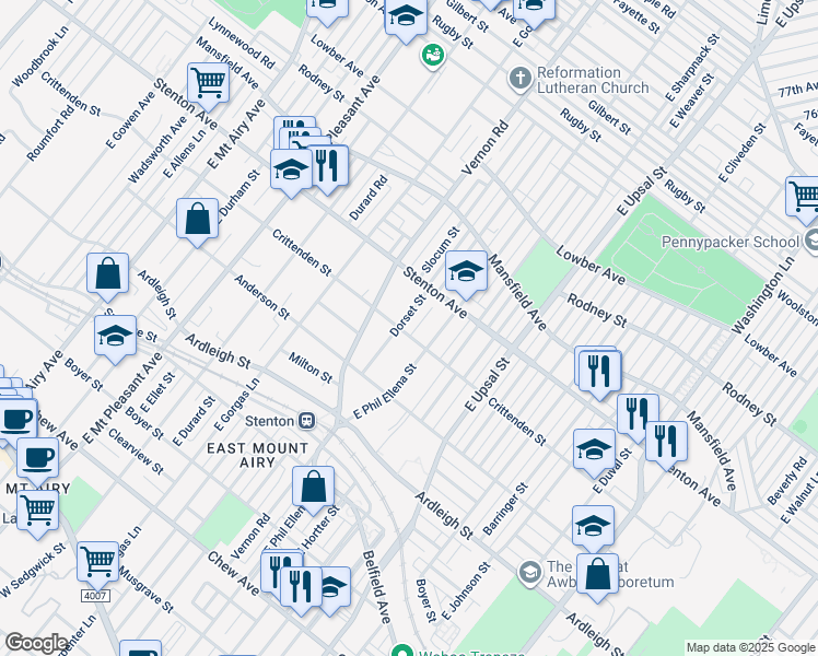 map of restaurants, bars, coffee shops, grocery stores, and more near 6725 Crittenden Street in Philadelphia