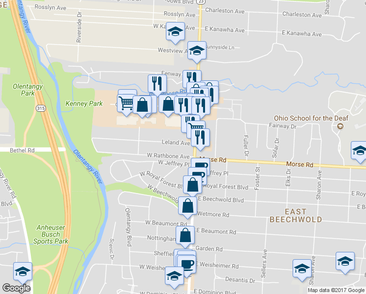 map of restaurants, bars, coffee shops, grocery stores, and more near 35 Leland Avenue in Columbus