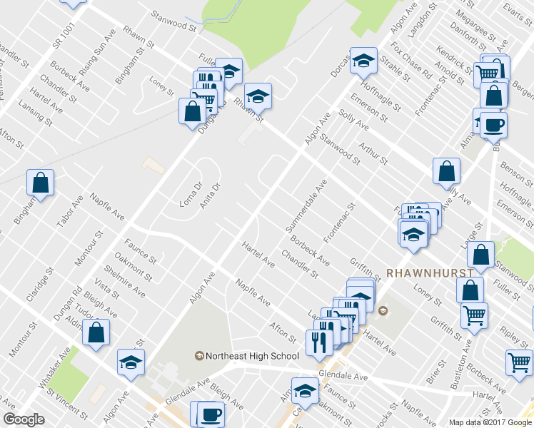 map of restaurants, bars, coffee shops, grocery stores, and more near 1607 Borbeck Avenue in Philadelphia