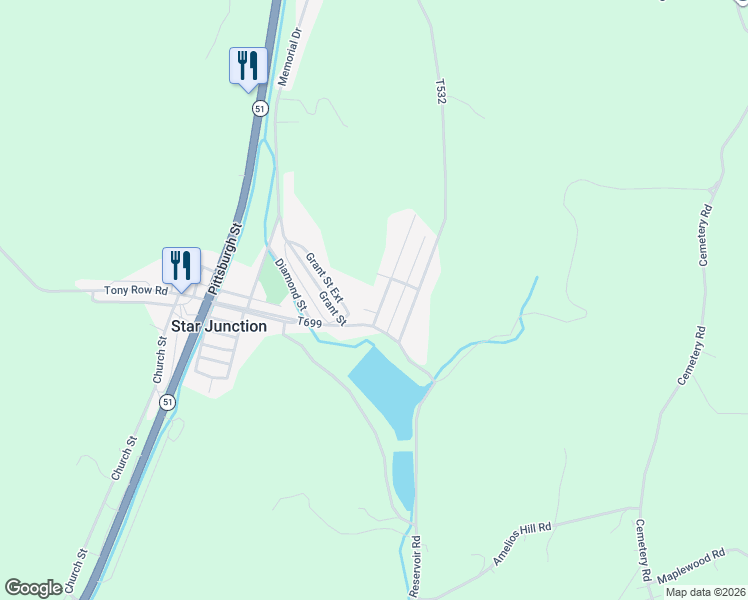 map of restaurants, bars, coffee shops, grocery stores, and more near 145 New town Road in Perryopolis
