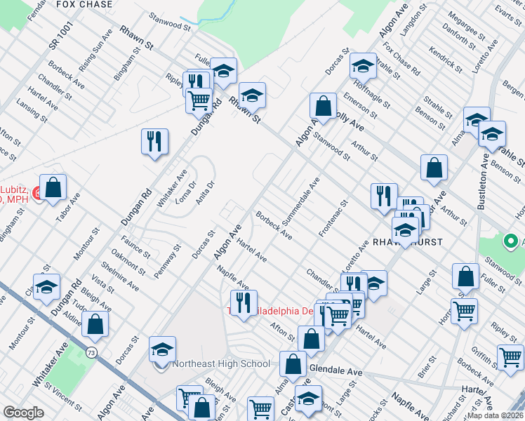 map of restaurants, bars, coffee shops, grocery stores, and more near 1612 Griffith Street in Philadelphia