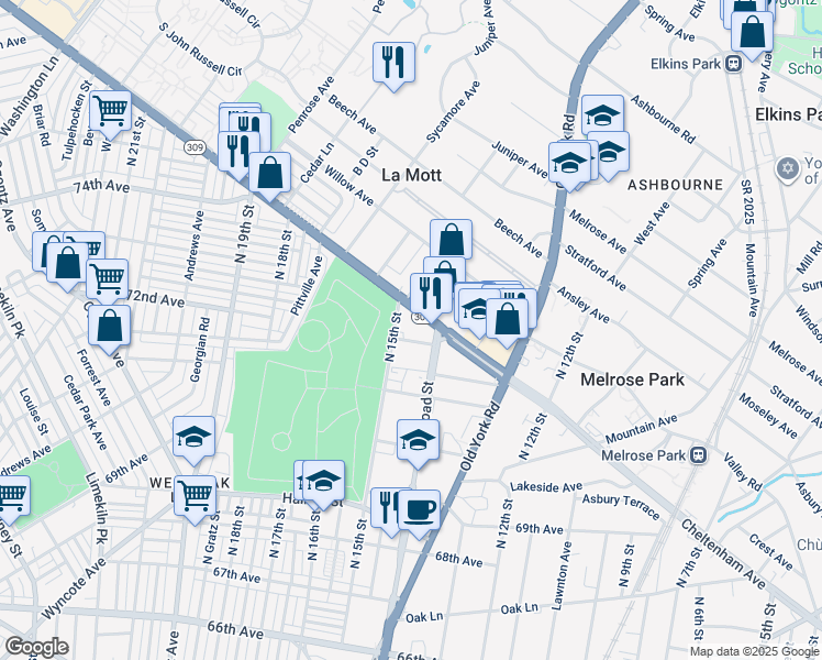 map of restaurants, bars, coffee shops, grocery stores, and more near 1411 72nd Avenue in Philadelphia
