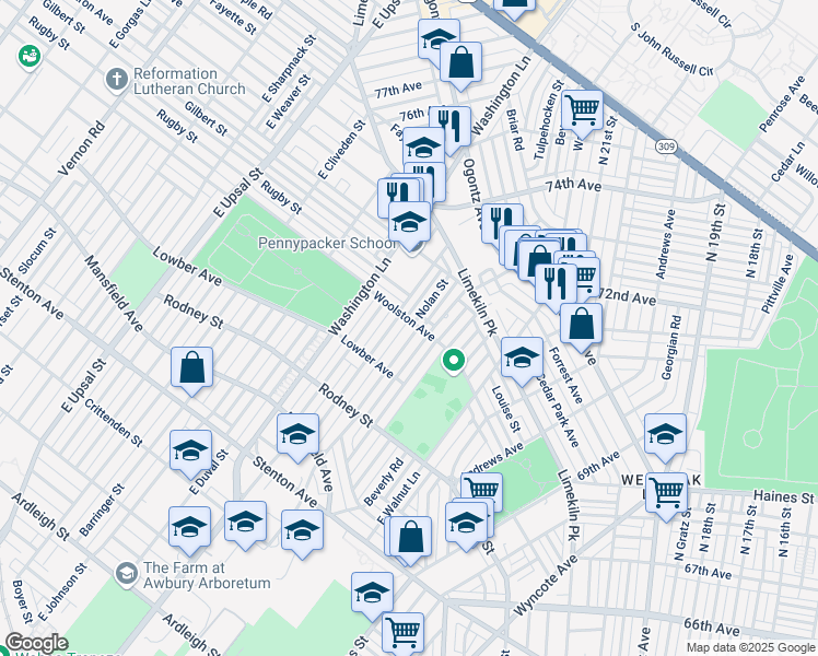 map of restaurants, bars, coffee shops, grocery stores, and more near 1759 East Tulpehocken Street in Philadelphia