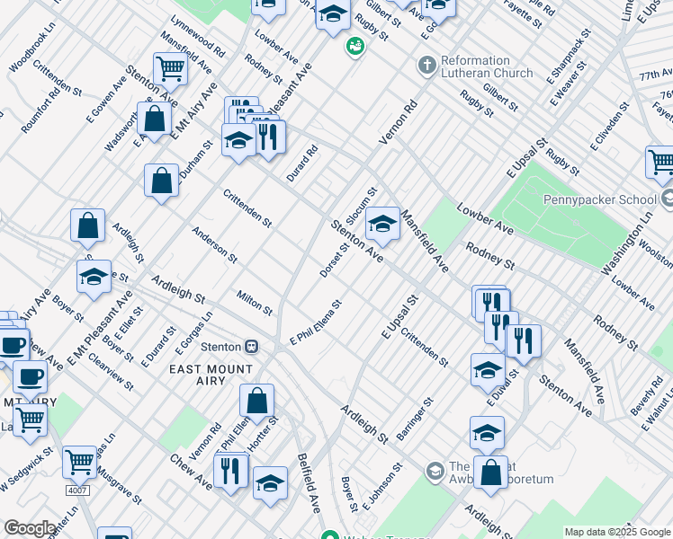 map of restaurants, bars, coffee shops, grocery stores, and more near 6725 Crittenden Street in Philadelphia