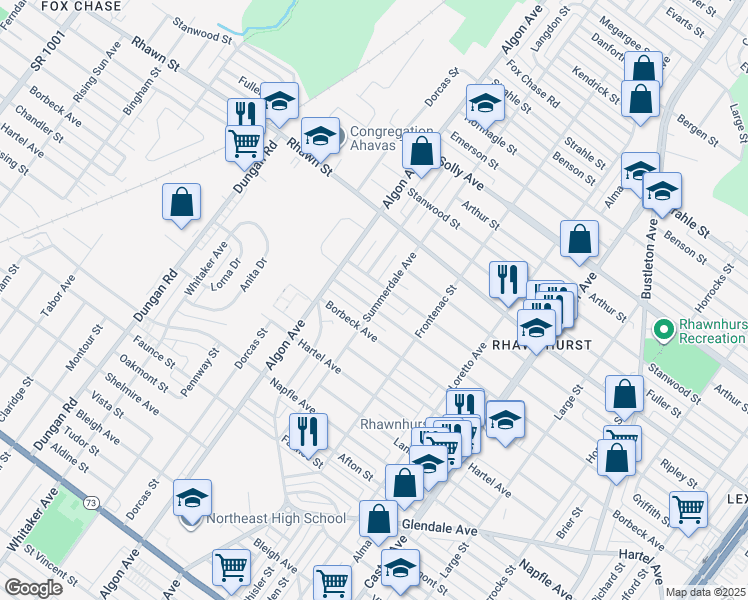 map of restaurants, bars, coffee shops, grocery stores, and more near 1634 Loney Street in Philadelphia