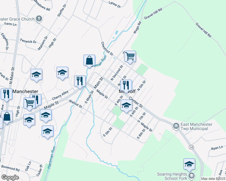 map of restaurants, bars, coffee shops, grocery stores, and more near 30 South Third Street in Mount Wolf