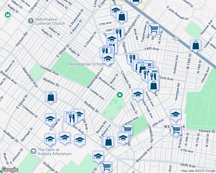 map of restaurants, bars, coffee shops, grocery stores, and more near 1759 East Tulpehocken Street in Philadelphia