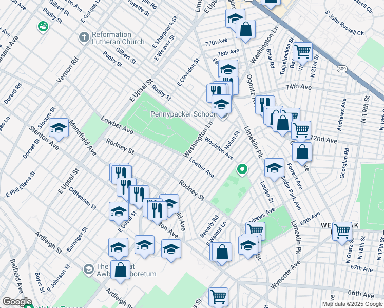 map of restaurants, bars, coffee shops, grocery stores, and more near 1708 East Washington Lane in Philadelphia