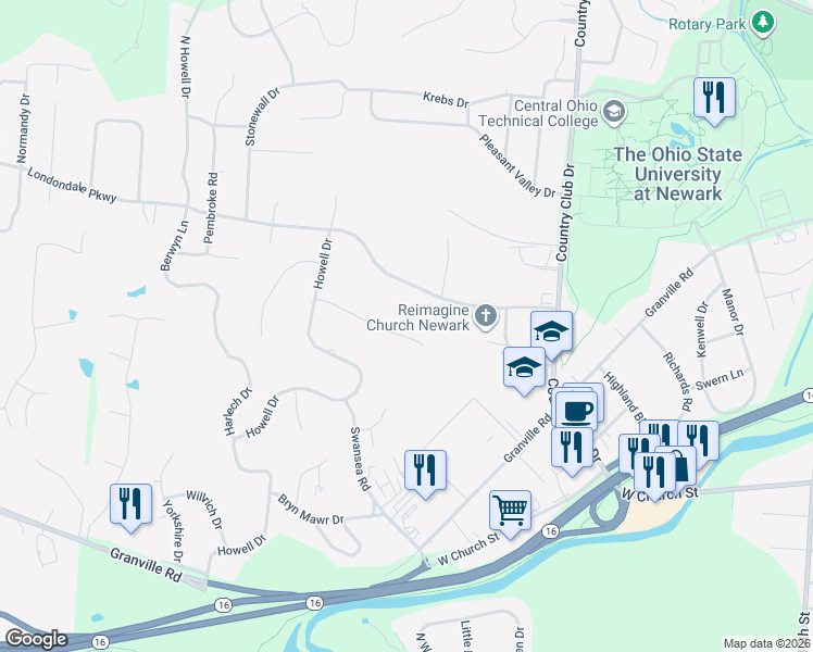 map of restaurants, bars, coffee shops, grocery stores, and more near 1510 Woodridge Drive in Newark