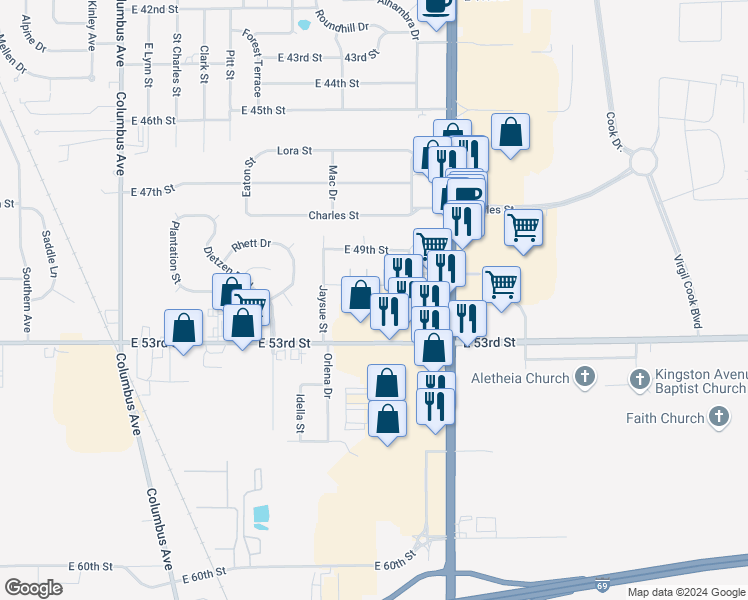 map of restaurants, bars, coffee shops, grocery stores, and more near 1926 East 53rd Street in Anderson