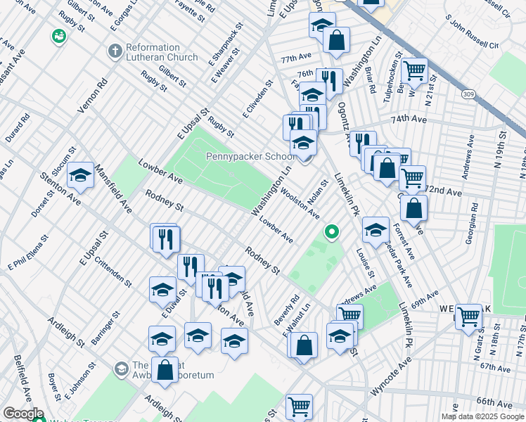 map of restaurants, bars, coffee shops, grocery stores, and more near 1708 East Washington Lane in Philadelphia