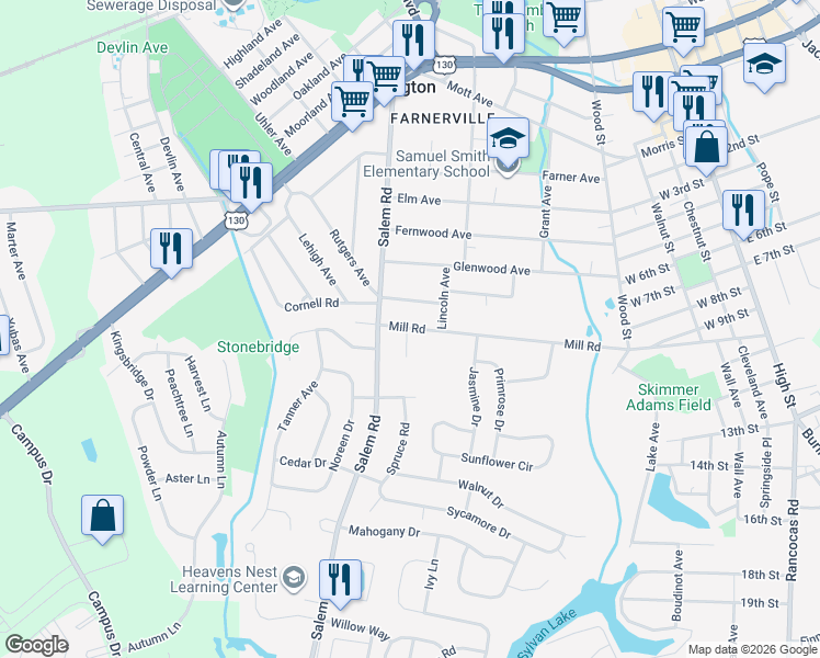 map of restaurants, bars, coffee shops, grocery stores, and more near 313 Mill Road in Burlington