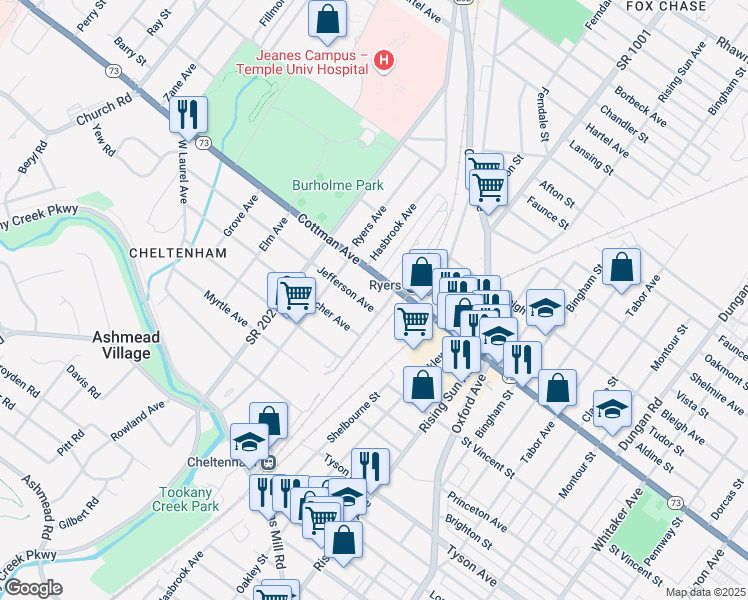 map of restaurants, bars, coffee shops, grocery stores, and more near 109 Jefferson Ave in Cheltenham
