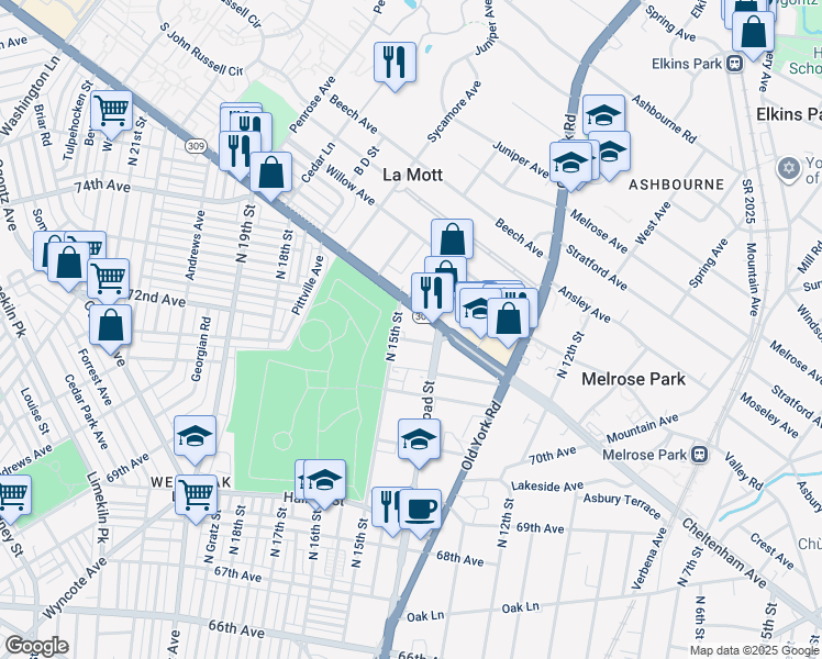 map of restaurants, bars, coffee shops, grocery stores, and more near 7215 North 15th Street in Philadelphia