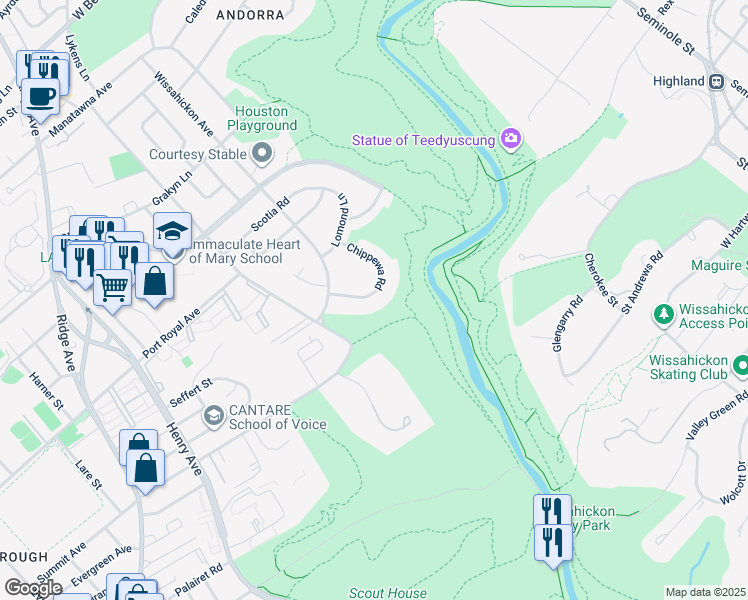 map of restaurants, bars, coffee shops, grocery stores, and more near 8416 Chippewa Road in Philadelphia