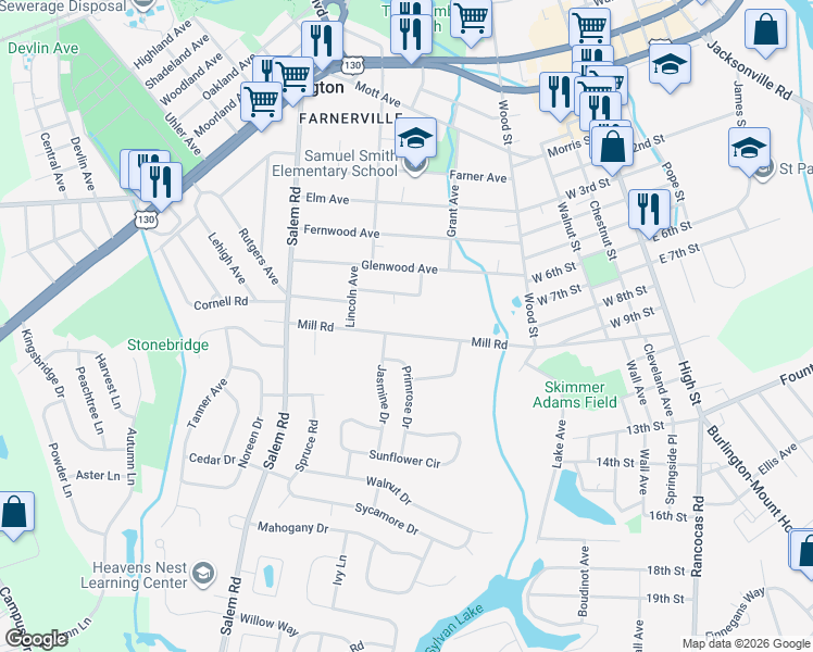 map of restaurants, bars, coffee shops, grocery stores, and more near 241 Mill Road in Burlington