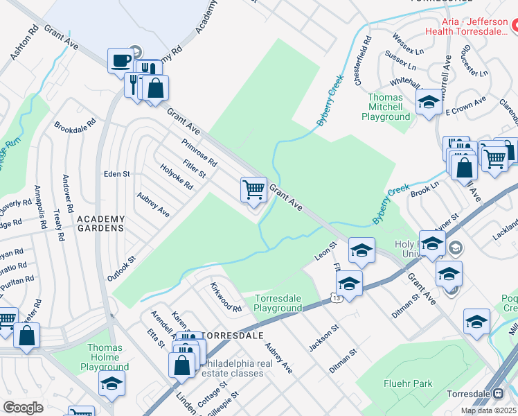 map of restaurants, bars, coffee shops, grocery stores, and more near 3600 Grant Avenue in Philadelphia