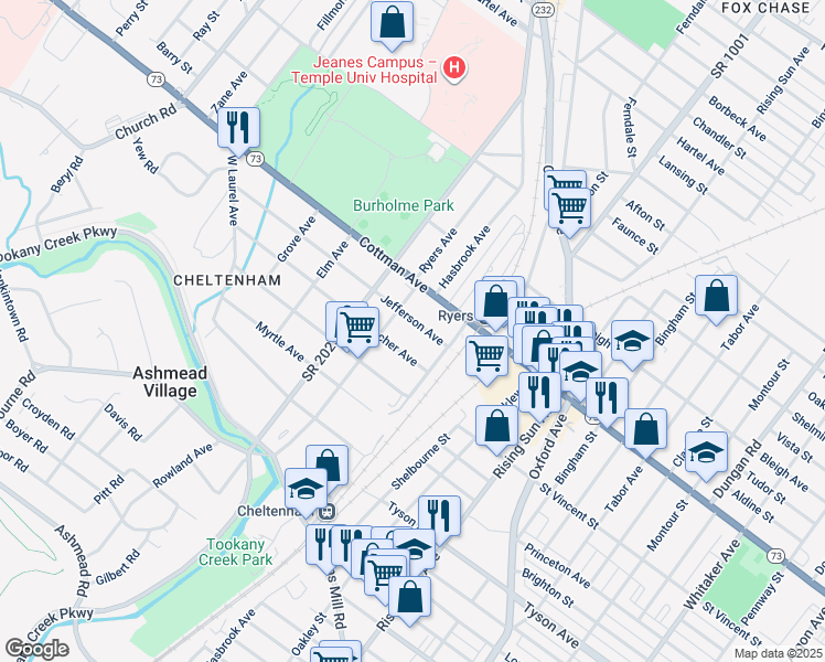 map of restaurants, bars, coffee shops, grocery stores, and more near 132 Jefferson Avenue in Cheltenham Village