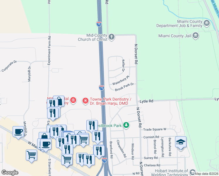 map of restaurants, bars, coffee shops, grocery stores, and more near 1552 Brook Park Drive in Troy
