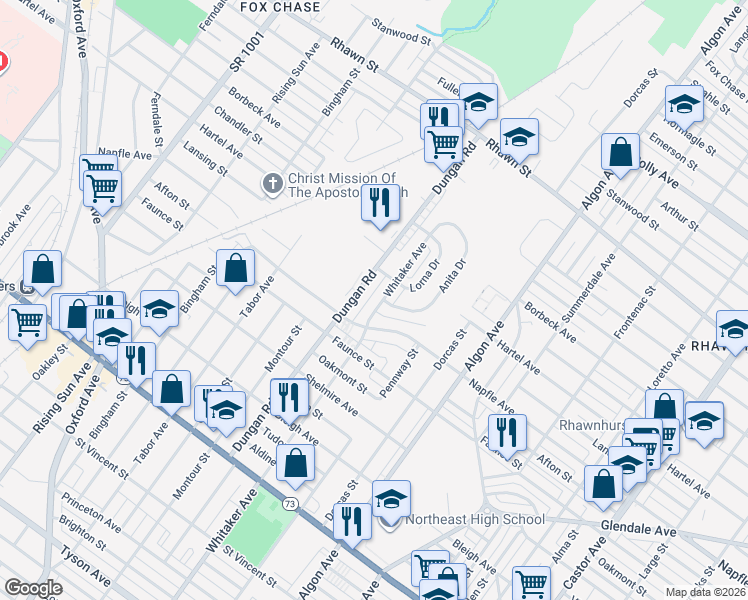 map of restaurants, bars, coffee shops, grocery stores, and more near 7727 Dungan Road in Philadelphia