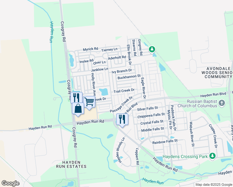 map of restaurants, bars, coffee shops, grocery stores, and more near 5847 Trail Creek Drive in Dublin