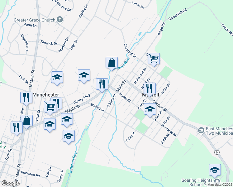 map of restaurants, bars, coffee shops, grocery stores, and more near 109 South Main Street in Mount Wolf