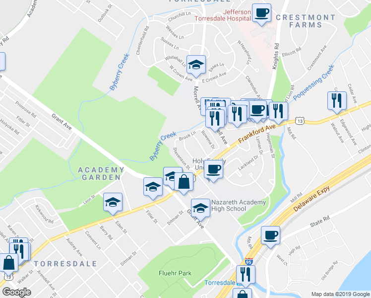 map of restaurants, bars, coffee shops, grocery stores, and more near 3957 Constance Road in Philadelphia