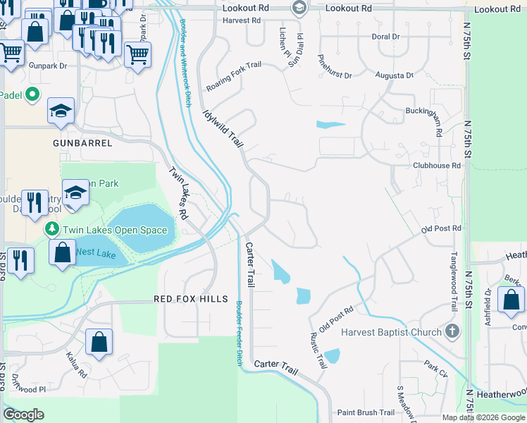 map of restaurants, bars, coffee shops, grocery stores, and more near 4884 Idylwild Trail in Boulder