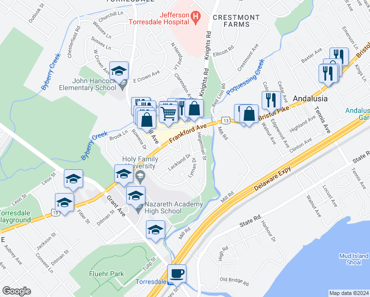 map of restaurants, bars, coffee shops, grocery stores, and more near 9951 Lorry Place in Philadelphia