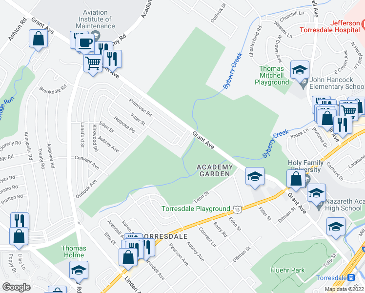 map of restaurants, bars, coffee shops, grocery stores, and more near 9253 Fordham Road in Philadelphia