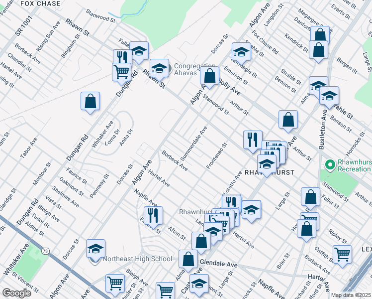 map of restaurants, bars, coffee shops, grocery stores, and more near 1634 Loney Street in Philadelphia