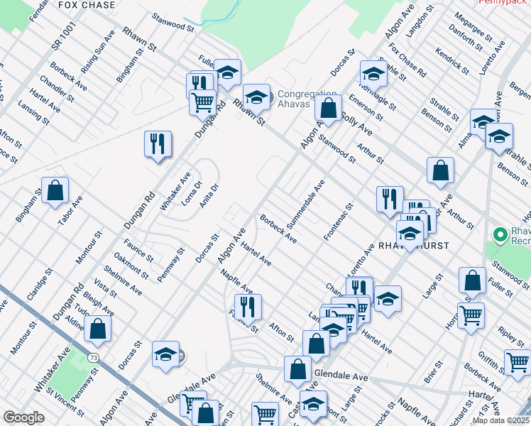 map of restaurants, bars, coffee shops, grocery stores, and more near 1607 Borbeck Avenue in Philadelphia