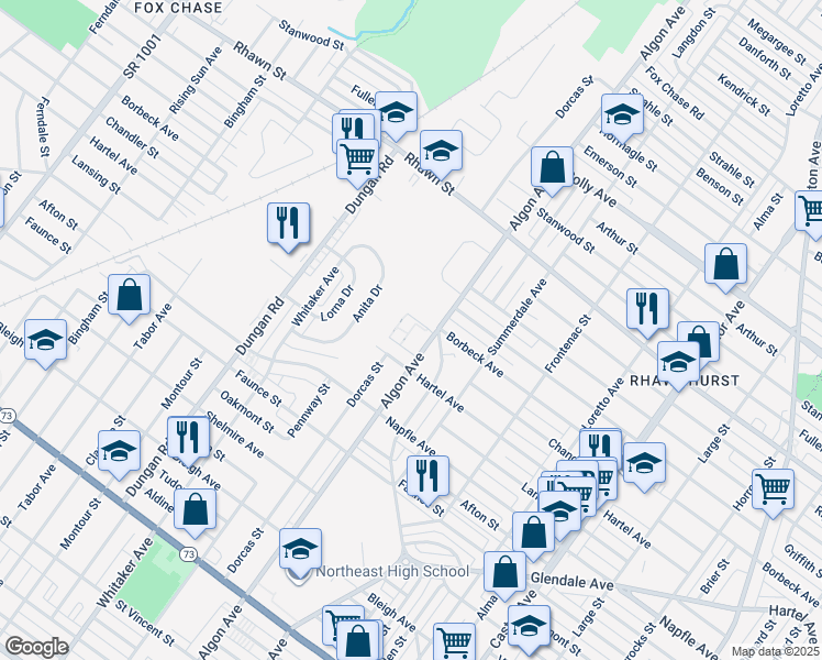 map of restaurants, bars, coffee shops, grocery stores, and more near 7820 Algon Avenue in Philadelphia