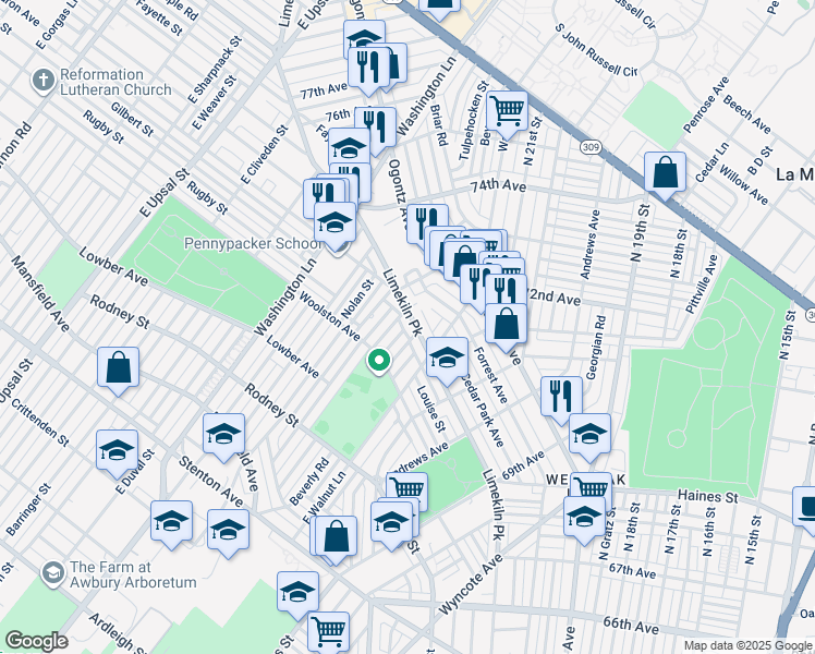 map of restaurants, bars, coffee shops, grocery stores, and more near 7240 Limekiln Pike in Philadelphia