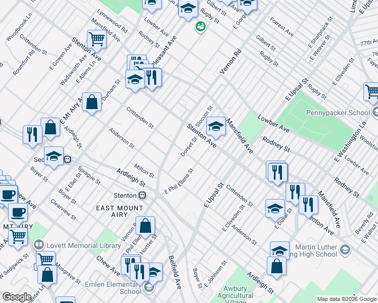 map of restaurants, bars, coffee shops, grocery stores, and more near 6745 Crittenden Street in Philadelphia