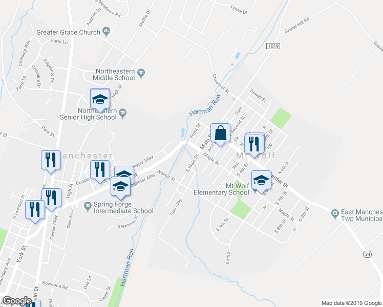 map of restaurants, bars, coffee shops, grocery stores, and more near 109 South Main Street in Mount Wolf
