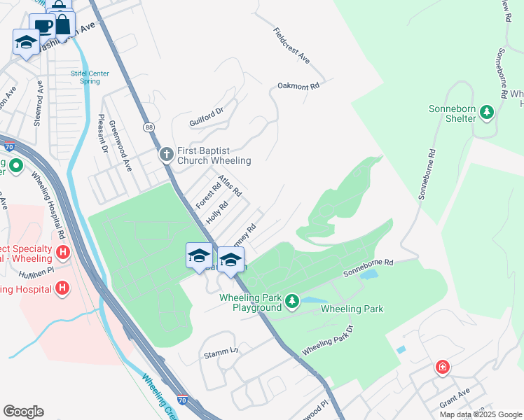 map of restaurants, bars, coffee shops, grocery stores, and more near 36 Rockledge Rd in Wheeling
