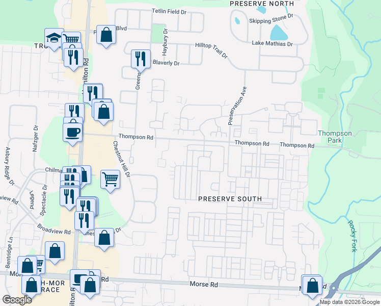 map of restaurants, bars, coffee shops, grocery stores, and more near 6171 Norway Glen Avenue in Columbus
