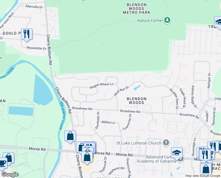 map of restaurants, bars, coffee shops, grocery stores, and more near 5269 Wagon Wheel Lane in Gahanna