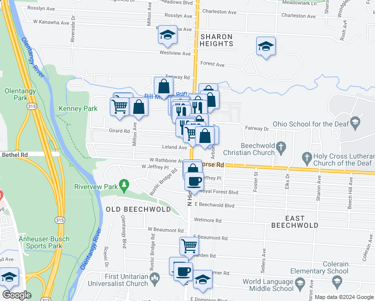 map of restaurants, bars, coffee shops, grocery stores, and more near 35 Leland Avenue in Columbus
