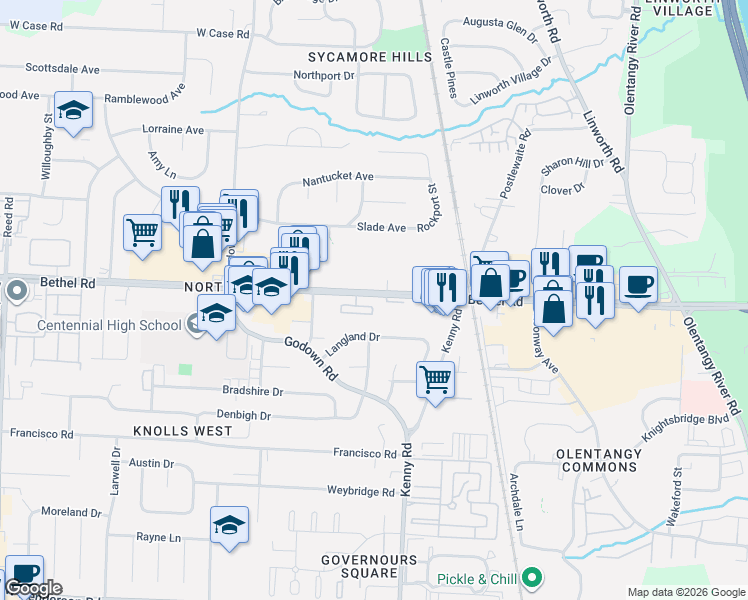 map of restaurants, bars, coffee shops, grocery stores, and more near 1185 Bethel Road in Columbus