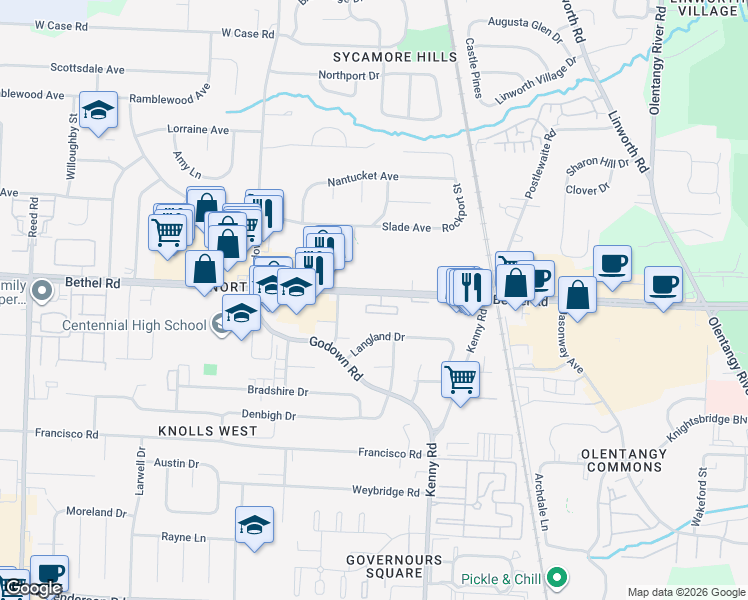 map of restaurants, bars, coffee shops, grocery stores, and more near 1229 Bethel Road in Columbus
