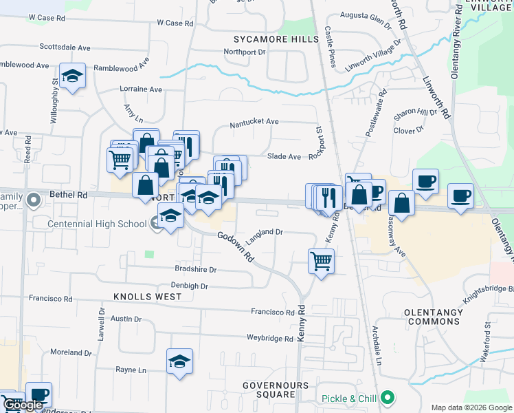 map of restaurants, bars, coffee shops, grocery stores, and more near 1229 Bethel Road in Columbus