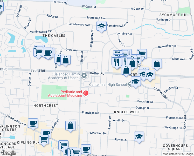 map of restaurants, bars, coffee shops, grocery stores, and more near 1674 Saint James Court in Columbus