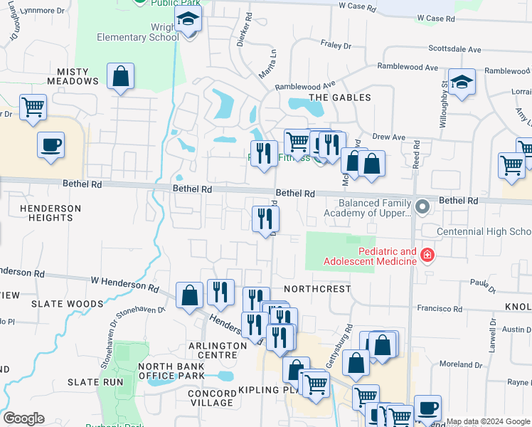 map of restaurants, bars, coffee shops, grocery stores, and more near 6 Hedgerow Road in Columbus